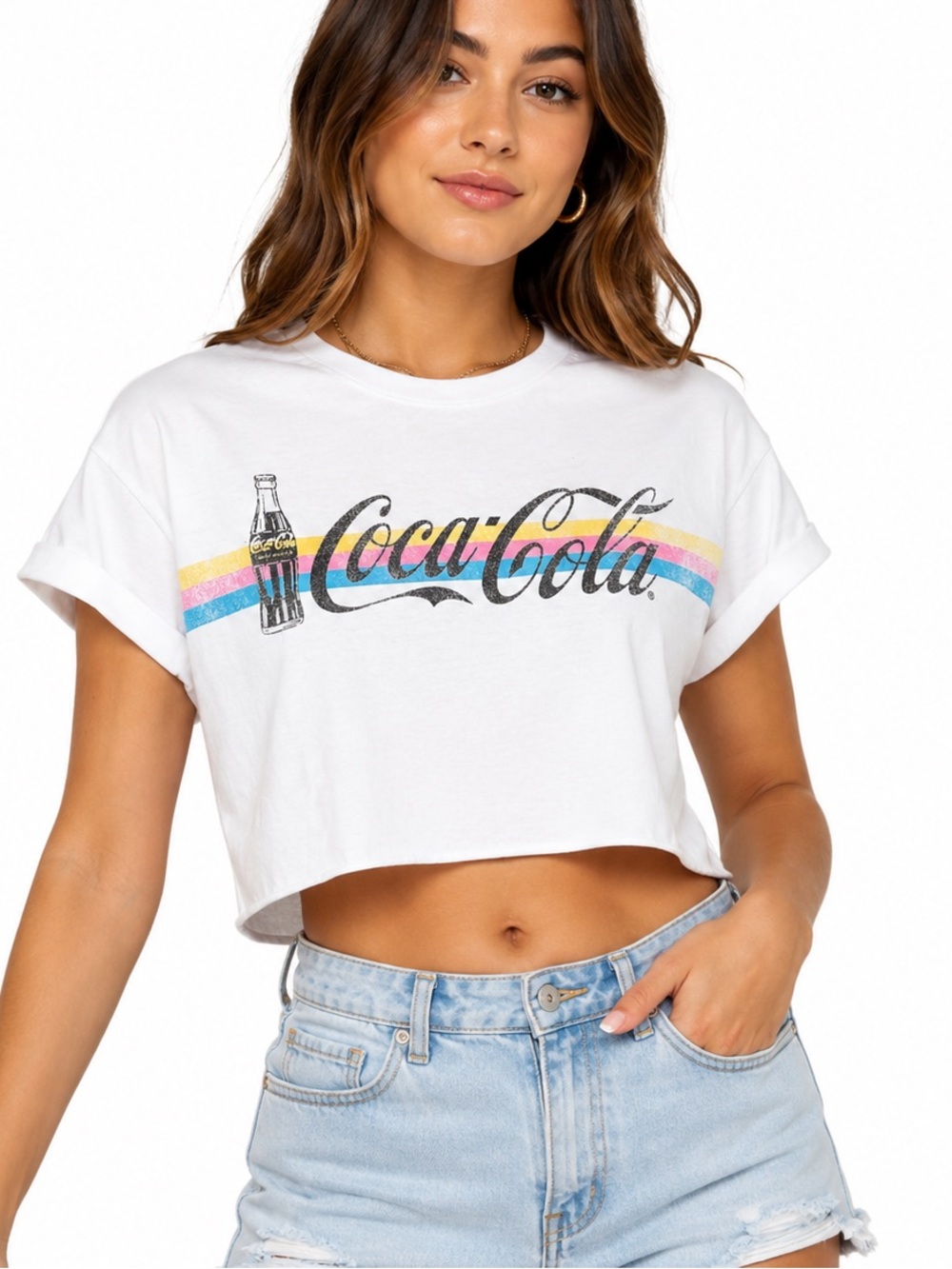 Coca-Cola White Graphic Tee with Retro Stripes Large